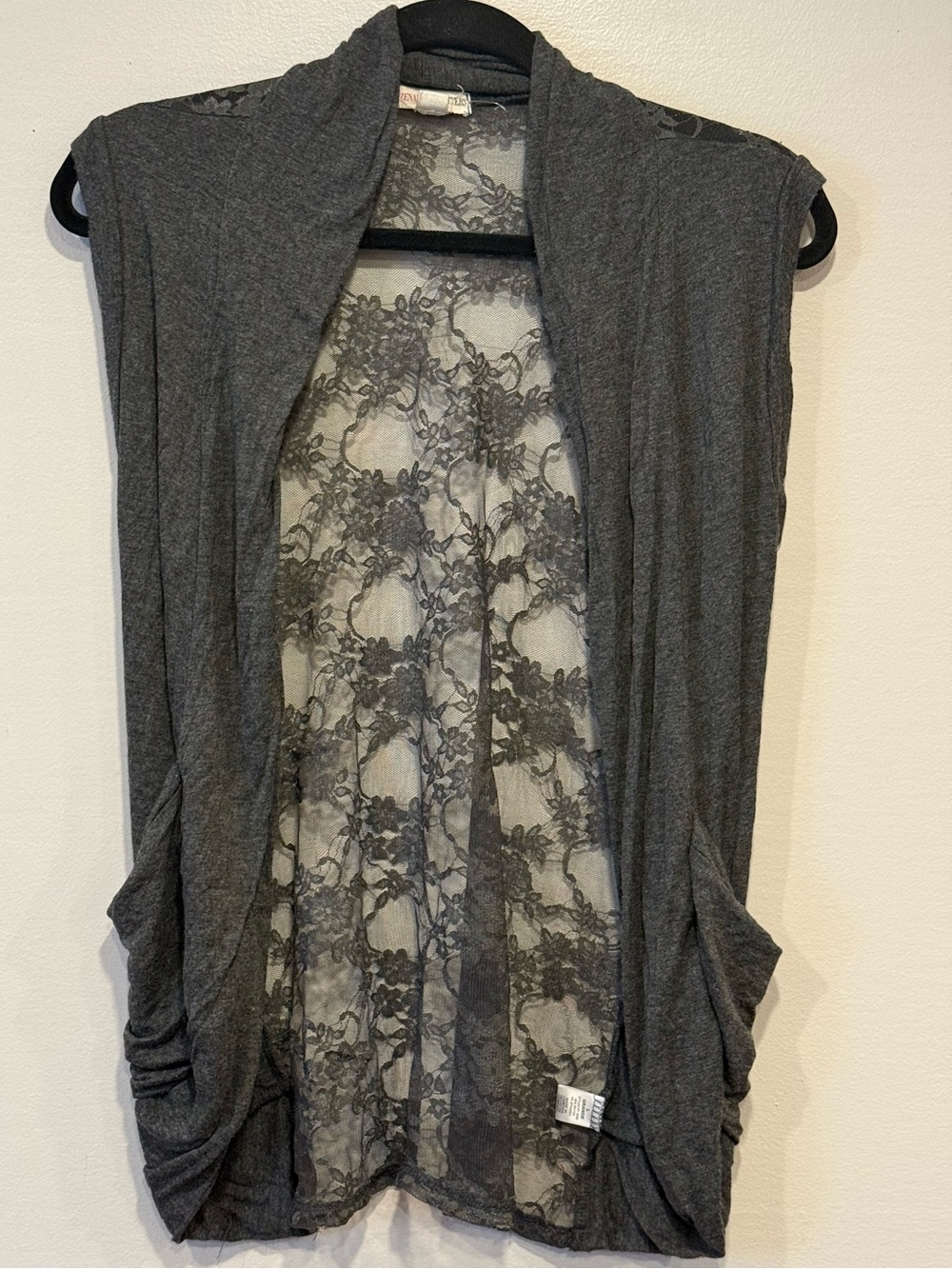 Zenana Outfitters Women's Gray Lace Back Open Front Sleeveless Cardigan Vest L